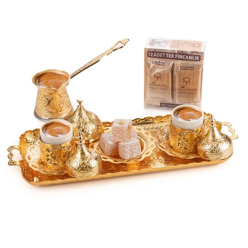 Alisveristime Premium Turkish Coffee Set - 12-Person Turkish Coffee, Cezve, 2-Person Cups, Delight Bowl, and Tray (4 Colors) (Gold)