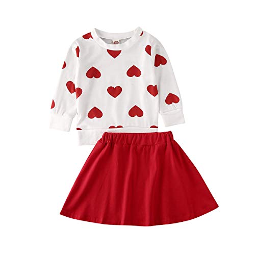 Toddler Baby Girl Valentine's Day Clothes Heart Pullover Top Solid Mini Skirt Little Valentines Outfits Set (Red, 3-4 Years)