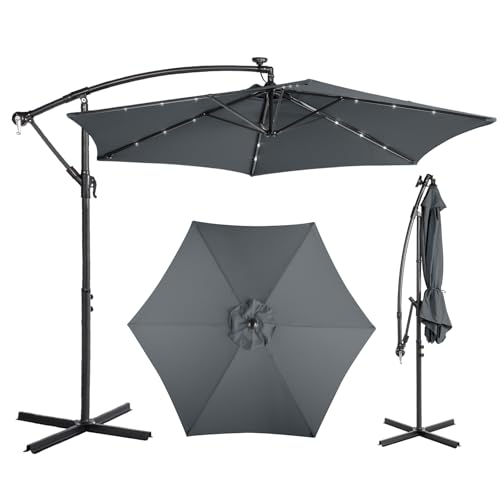 Outdoor Patio Umbrella, 10ft Large Cantilever Hanging Market Umbrella with Solar LED, 6 Ribs Pool Umbrella Outdoor with Smooth Crank for Patio, Poolside, Garden, Deck, Backyard (Black with Solar LED)