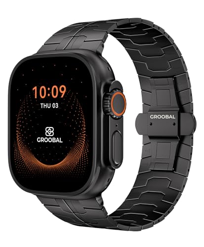 GROOBAL Grade 5 Titanium Band for Apple Watch Ultra 3/2/1 49mm & Series 11/10 46mm DLC Coating Anti-Scratch Ultra 3 Band with Small-Link Design for Precise Fit Secure Butterfly Clasp Band for Men Black