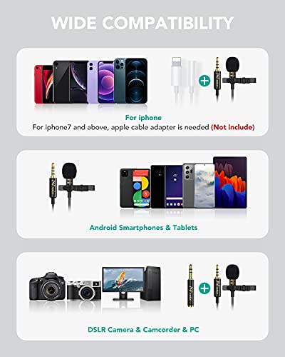 Pop Voice 196” Single Head Lavalier Lapel Microphone Omnidirectional Condenser Mic For Apple Iphone Android & Windows Smartphones, Youtube, Interview, Studio, Video Recording, Noise Cancelling Mic #TOP3