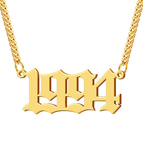 Misstrend Birth Year Number Necklace Personalized Dainty Old English Name Necklace 18K Gold Plated Gothic Curb Chain Custom Year Necklace Customized Birthday Gift for Women