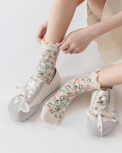 Image of Womens Ruffle Crew Socks Vintage Patterned Ankle Casual Fashion Dress Sock Cute Lettuce Floral Socks 5 /6 Pack
