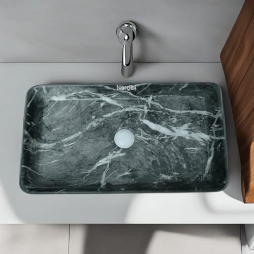 Image of Wash Basin Countertop | Tabletop Ceramic Bathroom Sink | Wash Basin Over Counter | (24 x 14 x 5 Inch) (Marble Grey White)
