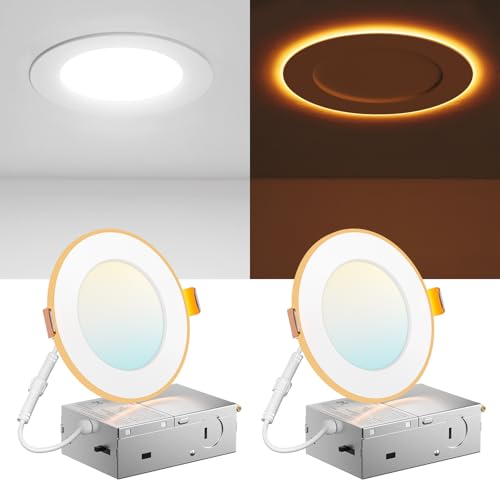 Amico 2 Pack 4 Inch 5CCT LED Recessed Ceiling Light with Night Light, 2700K/3000K/3500K/4000K/5000K Selectable Ultra-Thin Lighting, 10W=90W, 700LM, Dimmable Canless Wafer Downlight - ETL&FCC by Amico - Used condition - US$17.99