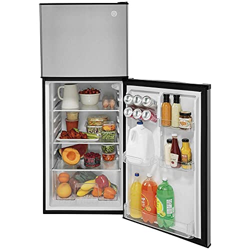 GE GPV10FSNSB 24" Top Freezer Refrigerator with 9.93 cu. ft. Capacity 12V DC Power Only LED Lighting and Adjustable Spillproof Glass Shelves in Stainless Steel and Black on Fridge.com