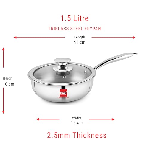 Image of PNB Triply Stainless Steel Frypan with Tempered Glass Lid | 18 cm 1.5 Litre | 3-Ply Induction Gas Compatible | PFOA Free Healthy Cookware | 5 Year Warranty | Compact Frying Pan for 1-2 Person