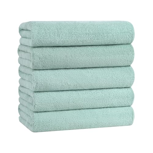 バスタオル マイクロファイバー 大判 60*120cm 5枚セット ふわふわ 柔らかい肌触り 高速吸水 速乾 耐久性 抗菌防臭 (グリーン)