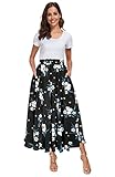 Afibi Women High Waist Floral Print Swing Chiffon Beach Midi Long Skirt with Pockets (XX-Large, Black Blue)