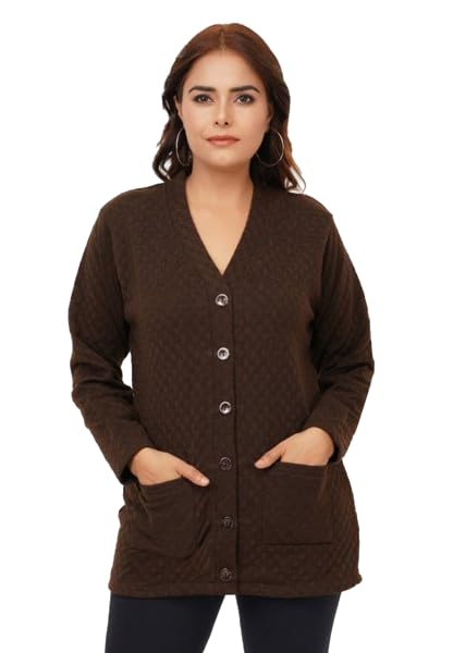 Women's Woolen V-Neck Cardigan Sweater with Front Pockets for Winter Wear