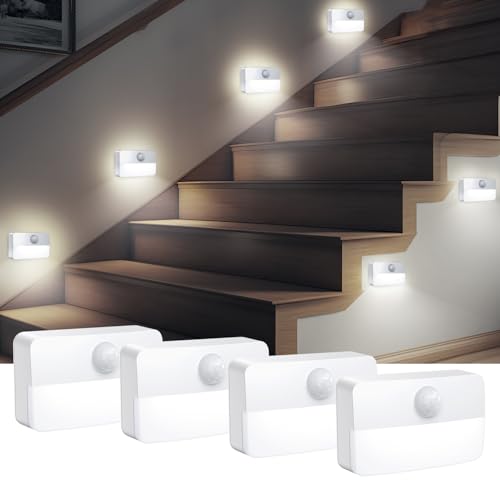 Image of AMIR 4 Pack Mini Motion Sensor Stair Light for Indoor, Battery-Powered LED Night Light, 40 Lumen 6500K, Cordless Closet Lights, Safe Lights for Stairs, Hallway, Bathroom, Kitchen, Cabinet