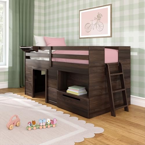 Max & Lily Loft Bed Twin Size, Solid Wood Low Loft Bed with Storage Drawer and Ladder, Modern Farmhouse Loft Bed for Kids, Barnwood Brown