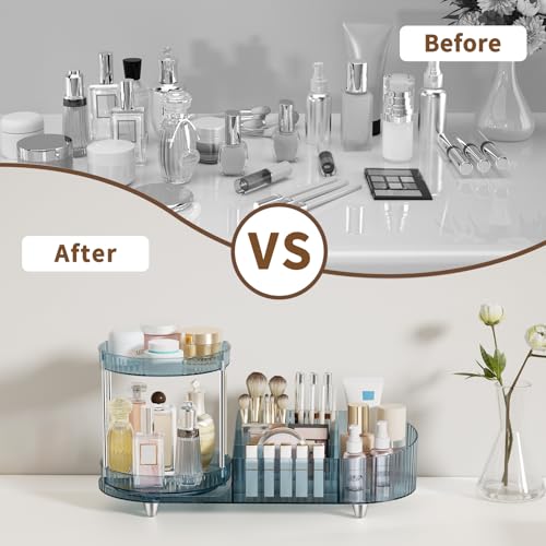 Image of Rotating Makeup Organizer for Vanity, 2 Perfume Trays with 5 Compartments Cosmetic & Skincare Storage, Space-Saving Beauty Organizer, Multi-Purpose Countertop Organizers for Bathroom, Desktop, Pantry