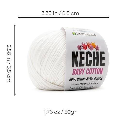 Image of Keche Baby Cotton, 60% Cotton 40% Acrylic Yarn, Soft Cotton Yarn for Crochet and Knitting, Amigurumi Yarn 1 Skein /Ball 1.76 Oz (50g) / 180 Yrds (165m) - White