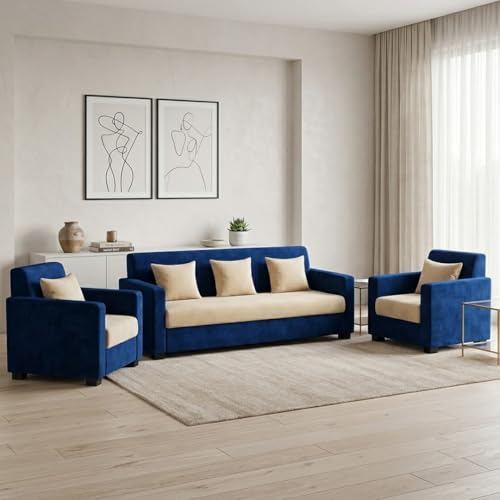 Image of FURNY Lexon 3 Seater + 1 Seater + 1 Seater Fabric Sofa Set (Dark Blue-Cream) with Velvet Finish | Durable Comfort | Ideal for Living Room