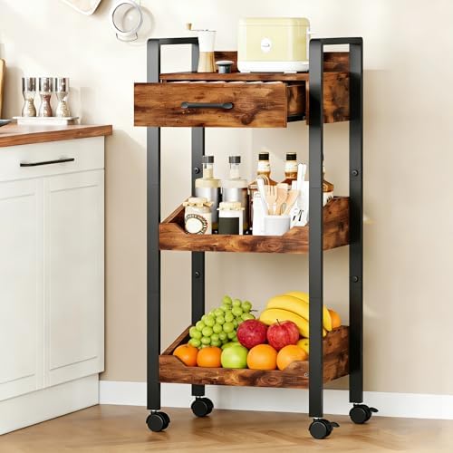 Hoctieon 3-Tier Rolling Storage Cart with Drawer, Rolling Utility...