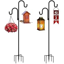 Double Shepherds Hooks for Outdoor, Shepard Hook,Bird Feeder Pole with 5 Prongs Base, Heavy Duty Garden Hook for Lantern, Wind Chime and Hummingbird Feeder, 62 Inch, 2 Pack