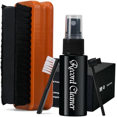 5 in1 Vinyl Records Cleaning Kit, Anti Static Solid Wood Vinyl Record Cleaner Kit, Includes 2in1 Velvet Microfiber Brush, XL Cleaning Liquid, Duster, Stylus Brush, Storage Box for Records Albums-Large