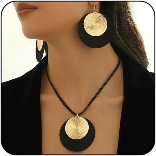 Black and Gold Disc Jewelry Sets for Women Boho Round Leather Cord Pendant Necklace Fashion Large Circle Medallion Dangle Hook Earrings Statement Necklaces