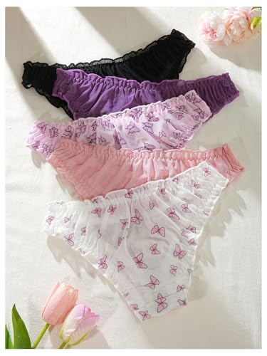 Image of GORGLITTER Women's 5pack Cute Panties Floral Print Low Rise Frilly Panties | Low Waist Underwear Set, Bow Lettuce Trim, Coquette Clothes