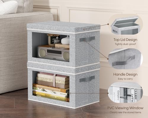 Image of Homsorout Collapsible Storage Bins with Lids - Stackable Storage Containers with Window, 6 Pack Fabric Cube Bins for Closet, Home & Office Organization Baskets, Light Gray, 14.9 inch x 9.8 inch x 9.8 inch