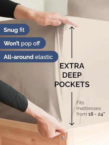 Image of Extra Deep King Fitted Sheet - Single Fitted Sheet Only - Wheat | Easily Fits 18 inch to 24 inch Mattress, Soft, Wrinkle Free, Breathable & Comfy, Extra Deep Pockets Hotel Luxury Fitted Sheet