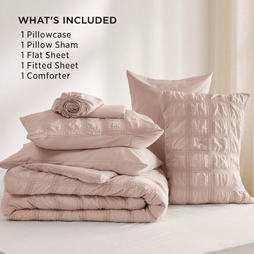 Bedsure Bed in a Bag Twin - 5 Pieces Plaid Seersucker Bedding Comforter Sets, Soft Lightweight Rose Dust Boho Bed Set with Comforters Twin Size, Sheets, Pillowcase & Sham