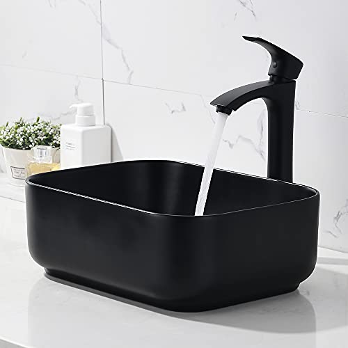 Black Bathroom Sink and Faucet Combo-Bokaiya 16x12 Matte Black Countertop Bathroom Vessel Sink Rectangular Porcelain Ceramic Vessel Sink Art Basin, Faucet Matching Pop Up Drain Comb - Thumbnail 6