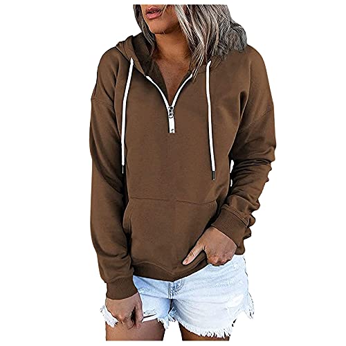 Aniywn Women s Casual Hoodies Long Sleeve Hoodies Solid Lightweight Fall Pullover Tops Sweatshirt Zip Up Sports Tops Blouse Brown