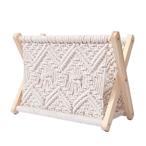 Revistero rústico de macramé, elegante cesta de almacenamiento de pie para libros y periódicos, elegante decoración del hogar, color blanco, 32 x 27 x 20 cm, perfecta para nizarla y exhibir