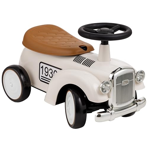 Baroni Toys Vintage Rutschfahrzeug für Kinder von 12 bis 36 Monaten, Retro Rutschauto mit Hupe, Staufach, Lenkstange und stabilen Rädern zum Laufenlernen, 25x59x35 cm (Weiß)