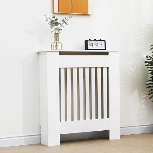 Vivo Technologies Radiator Cover White Modern Horizontal Slats Small Radiator Cover Grill Shelf Cabinet MDF Wood Decorative Heater Cover White W 78 x H 82 x D 19 cm
