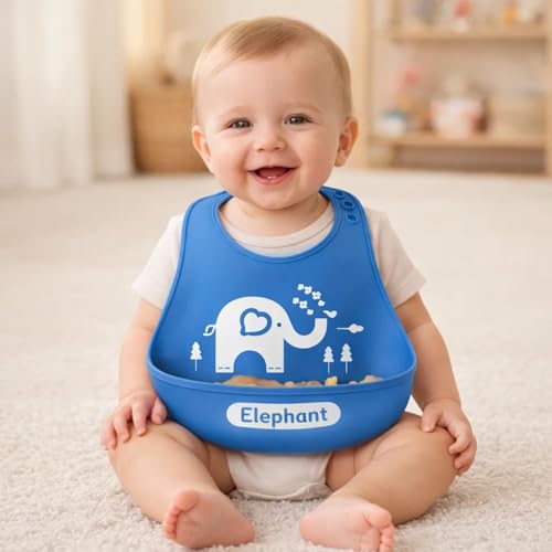Image of BabyGo Silicone Baby Bib for Feeding & Weaning Infants & Toddlers |Waterproof, Washable & Reusable | Adjustable Neckline, Lightweight & Foldable Bib with Deep Food Catcher Pocket |Blue (Pack of 1)