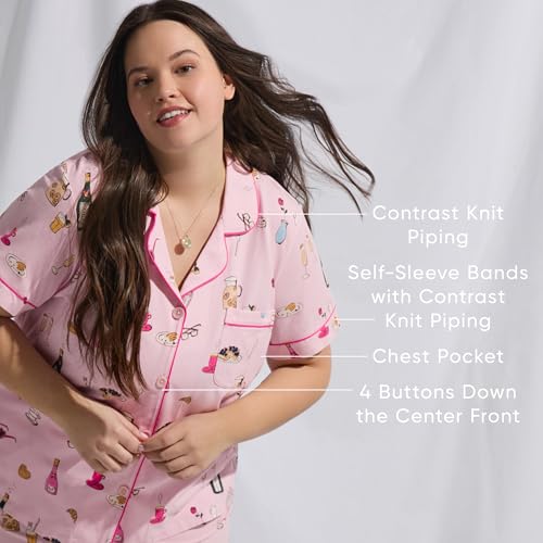 Image of Trina Turk Womens Short Sleeve Notch Collar & Shorts Sleepwear Pajama Set, Organic Cotton