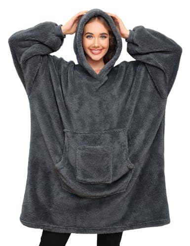 RITOSTA Manta de Sudadera con Capucha para Mujer Hombre Invierno Gigante Manta de Forro Polar Sherpa con Bolsillos, Regalo para Mujer Hombre, Talla Única (Gris Oscuro)