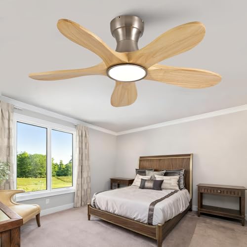 Image of 36 Inch Wood Flush Mount Ceiling Fans with Lights and Remote, Dimmable 5 Blade Wood Bedroom Ceiling Fan Outdoor Ceiling Fans for Patios Low Profile Ceiling Fan with Light for Bedroom Indoor