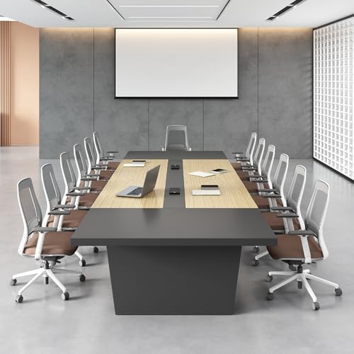 8FT Conference Table, Large Rectangular Seminar Meeting Table, Modern Conference Room Table with Charging Stations & 2' Thickened Desktop for Office Conference (Oak & Gray, 95' L * 47' W * 30' H)