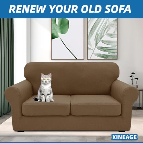 XINEAGE New 3 Pieces Couch Covers for 2 Cushion Sofa Super Stretch Loveseat Slipcover Pet Dog Universal Slip Cover Anti Slip Love Seat Furniture Protector (Brown, 55"-69")