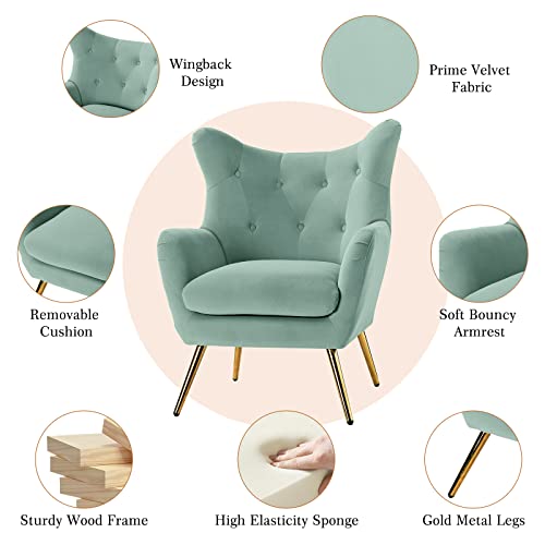 HULALA HOME Velvet Accent Chair, Modern Wingback Arm Chair with Metal Gold Legs, Velvet Tufted Upholstered for Living Room Bedroom, Dining Room(SAGE) - Image 5