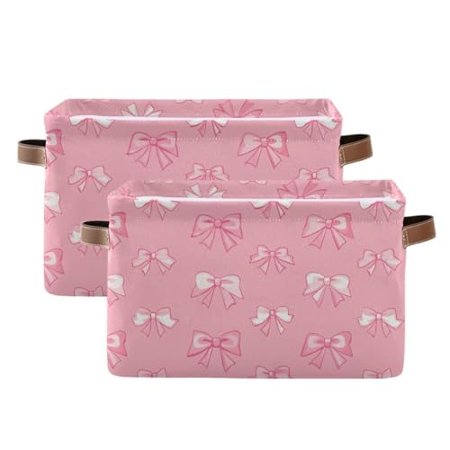 PaChyLuu Pink Bows Storage Basket Bin Canvas Fabric Organizer Toys Basket with Handles for Home Office Nursery, Clothes, Gifts, 2 Pcs
