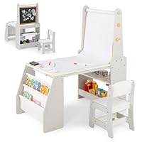 Maxmass Kids Art Table and Chair, Wooden Children Activity Table with Whiteboard, Chalkboard, Paper Roll, Open Shelves, 2-Tier Bookshelf, Toddler Desk Set for Study Learning Drawing (Grey + White)