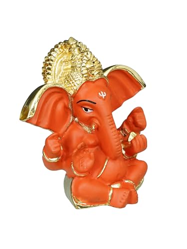 Image of eCraftIndia Golden and Orange Polyresin Lord Ganesha Idol for Home, Temple, Office, Car Dashboard - Divine Home Decor for Ganesha Devotees - Gift for Family, Friends - Suitable for Ganesh Chaturthi