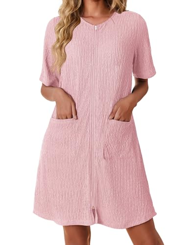 Ekouaer Women Zipper Robe Short Sleeves House Dress Knit Short Bathrobe Sleepwear with Pockets Housecoat Nightgown