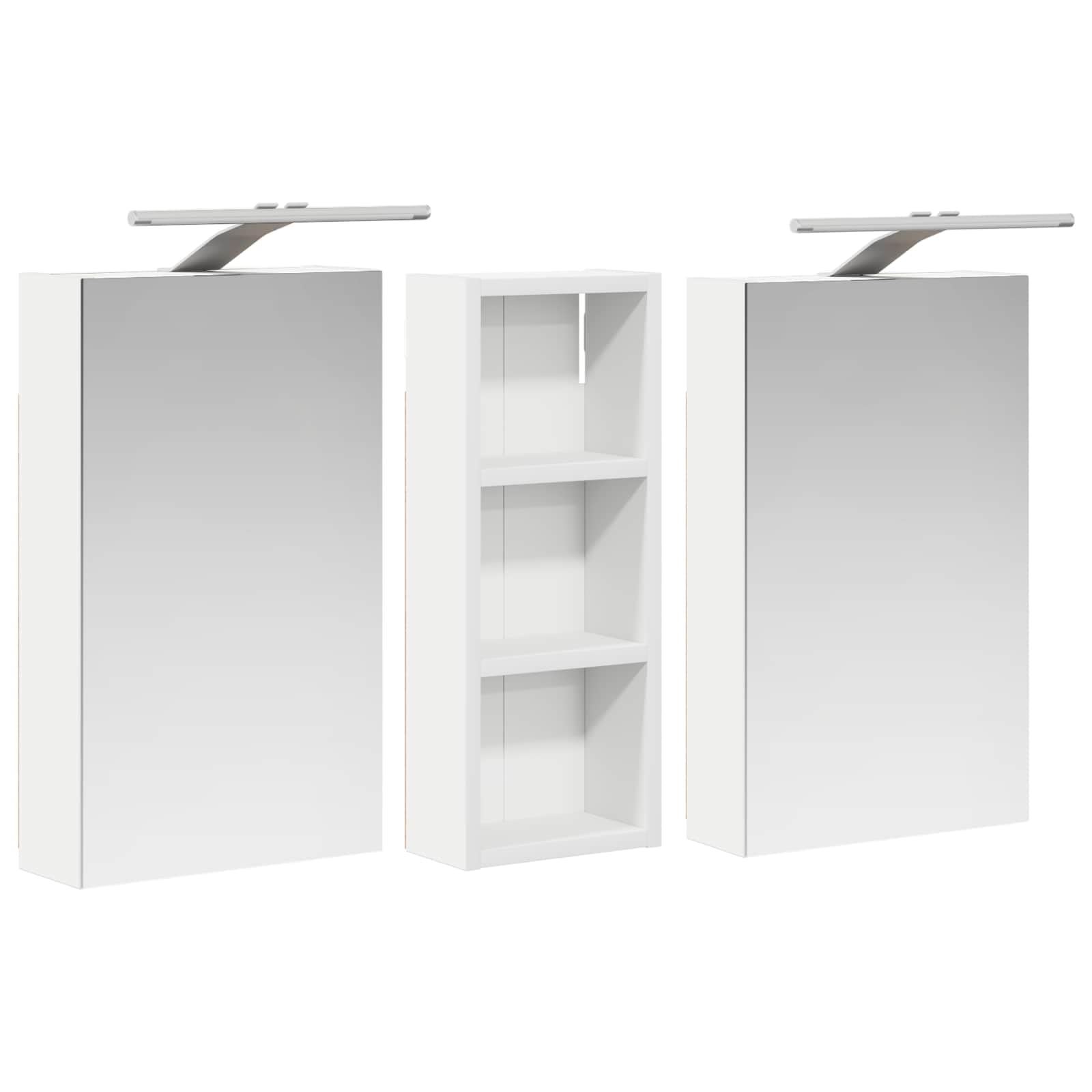Set di armadietti da bagno in legno, 3 pezzi, 80 x 10,5 x 50 cm, con illuminazione a LED, specchio bidirezionale, montaggio a parete, con ante e mensole, per mobili da bagno e