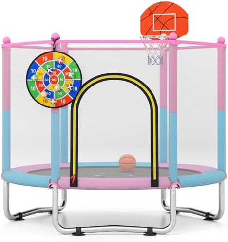 Goplus 60″ Trampoline for Kids, 5FT Recreational Toddler Trampoline with Basketball Hoop, Dart Board, Safe Enclosure Net, Indoor & Outdoor Activity Center for 3-6 Years Old Kids, Gift for Boys Girls