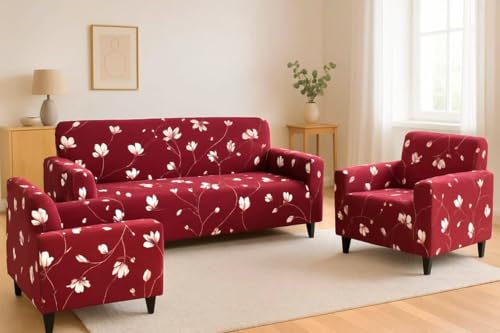 Image of Gurnoor Sofa Cover One 3 Seater and Two 1 Seater Fully Covered Universal 5 Seater for Living Room Non-Slip Sticky Elastic Stretchable Couch Sofa Set Slipcover Protector(Wine-Flower)