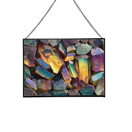 Crystals Catching Light in Desert Rock Rectangular Stained Glass Suncatcher – Hanging Window Panel with Animal & Nature Scene – Vibrant Glass Art Gift for Wildlife, Fantasy, Nature Lovers Y5GXFI
