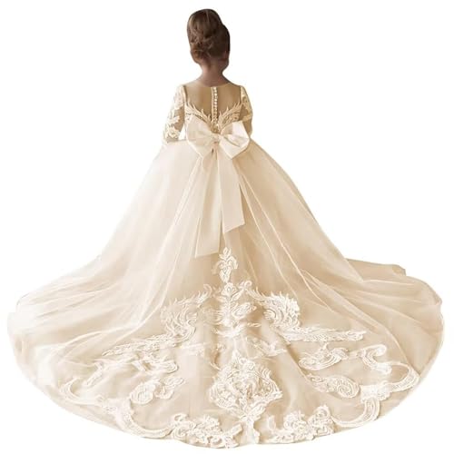 Flower Girl Dress Long Sleeve Lace Applique - Princess Pageant Dresses for Girls with Train