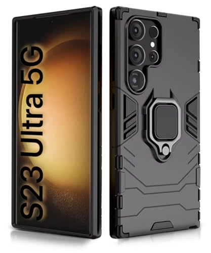 Image of WOW IMAGINE Shock Proof Back Case Mobile Cover for Samsung Galaxy S23 Ultra 5G | Back Cover Case (Tough Armor | Hybrid PC + TPU | Ring Holder & in-Built Kickstand | Black)