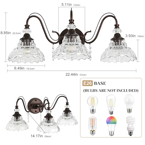 Image of Vintage Bathroom Vanity Light, 3-Light Oil Rubbed Bronze Finish Wall Sconce with Hanging Crystal Accents and Flower-Shaped Clear Glass Shades, Retro Wall Mount Vanity Light Over Mirror for Bathroom